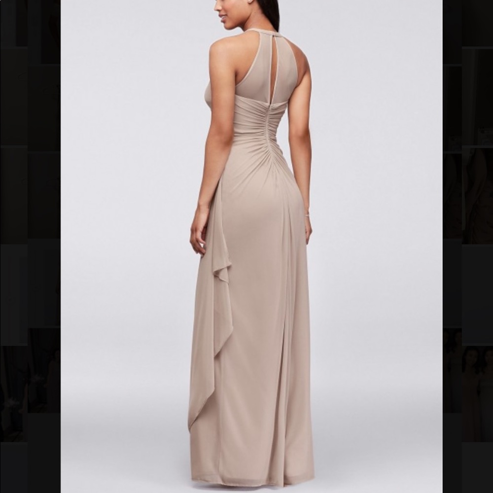 David’s Bridal Sleeveless Long Mess Dress with Illusion Neckline - Biscotti